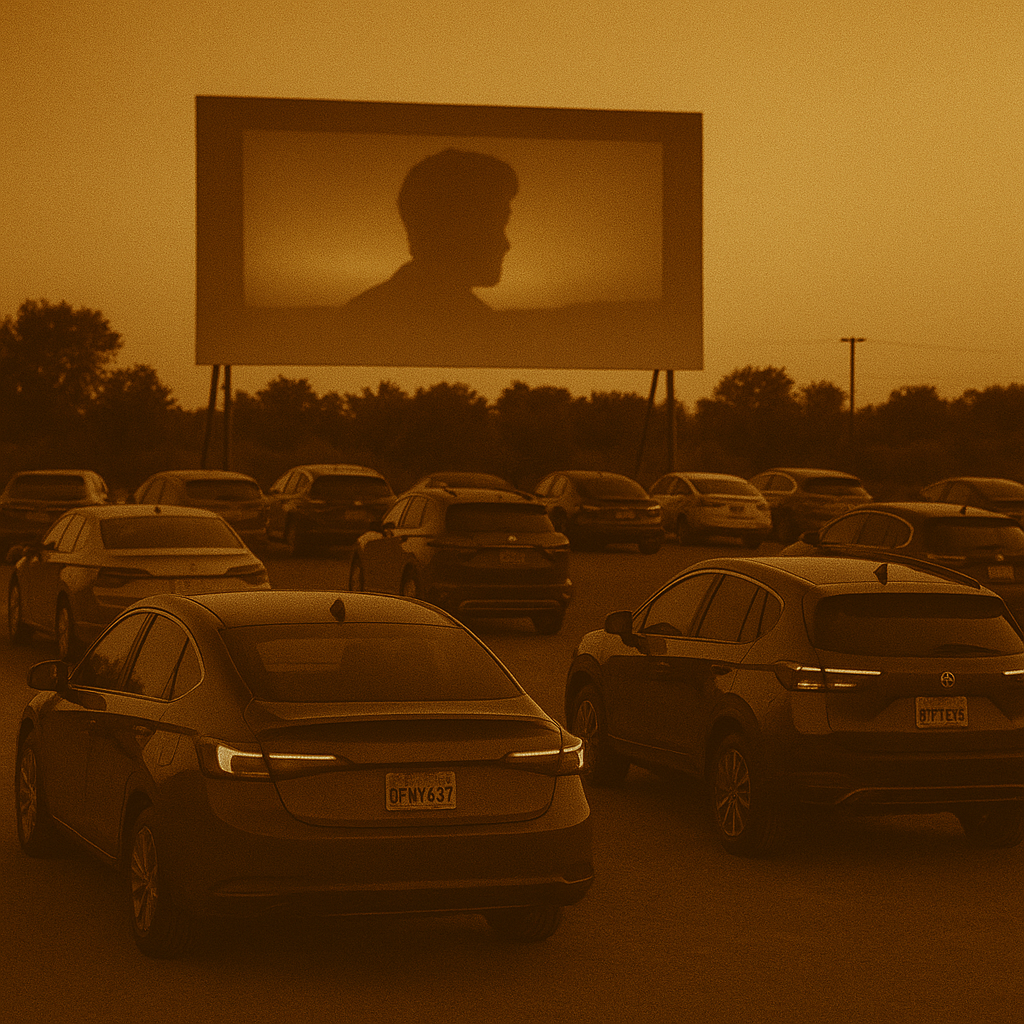 A drive-in movie theater with cars