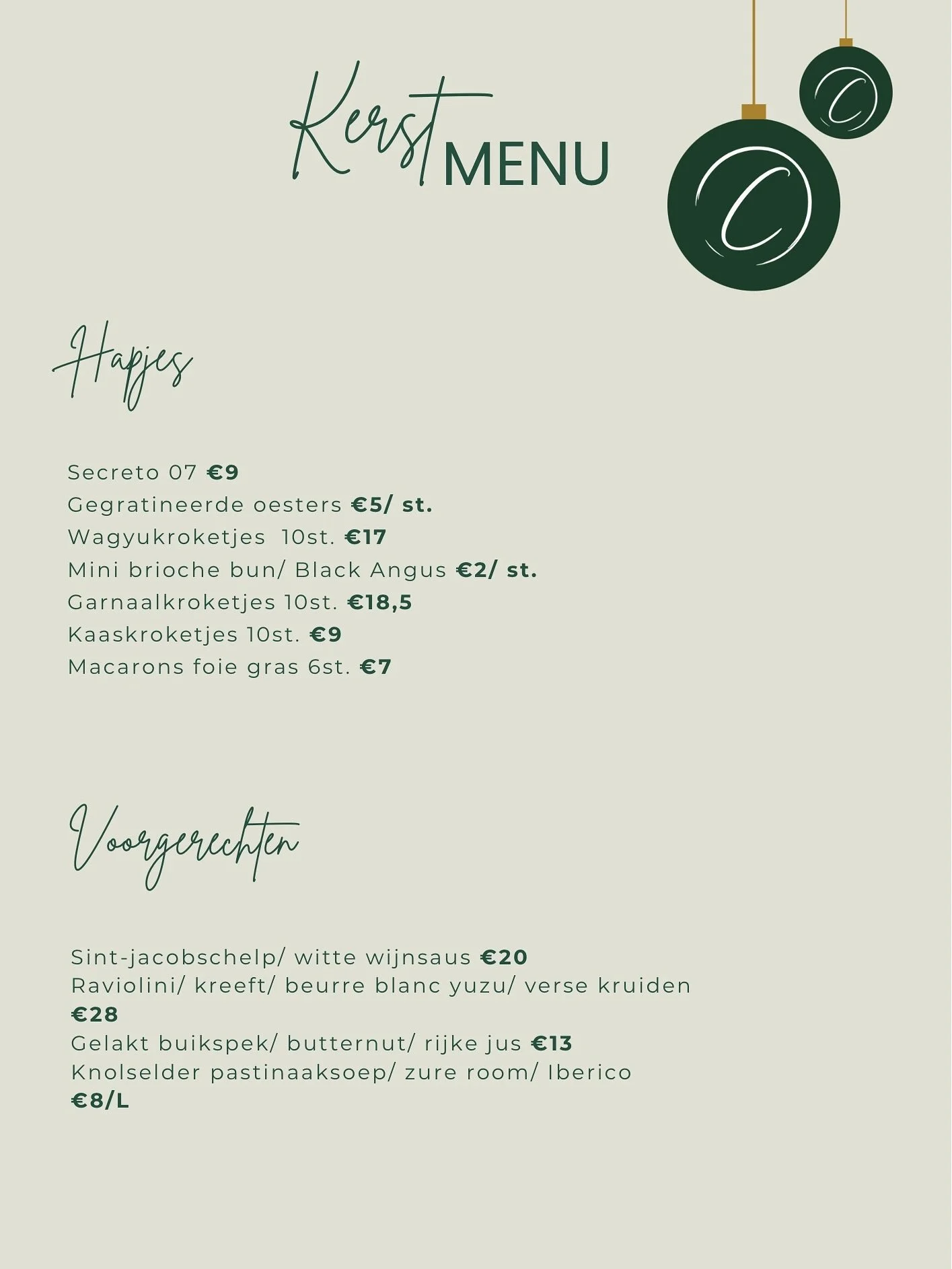 Vier de feestdagen met een verfijnd menu, met zorg bereid door ons team. ✨

Om de kwaliteit en versheid te garanderen, werken we met een beperkt aantal plaatsen.
Bestel dus tijdig jouw feestmenu online en geniet van heerlijke gerechten aan tafel, zon