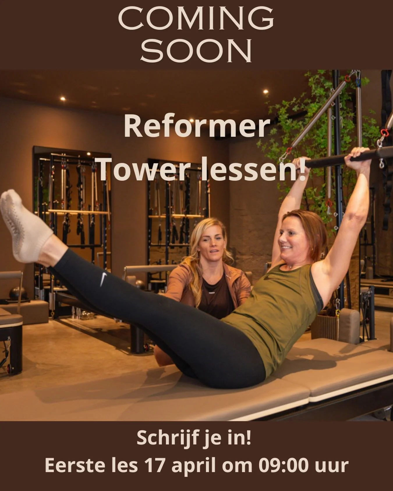 De Reformer Tower komt eraan! Vanaf vrijdag 17 april voegen we deze krachtige lessen toe aan ons aanbod. Meer uitdaging, meer controle en nog meer resultaat.
Ben jij erbij? Schrijf je nu in via de Alpha app en we zien je de 17e!

Nog geen lid maar we