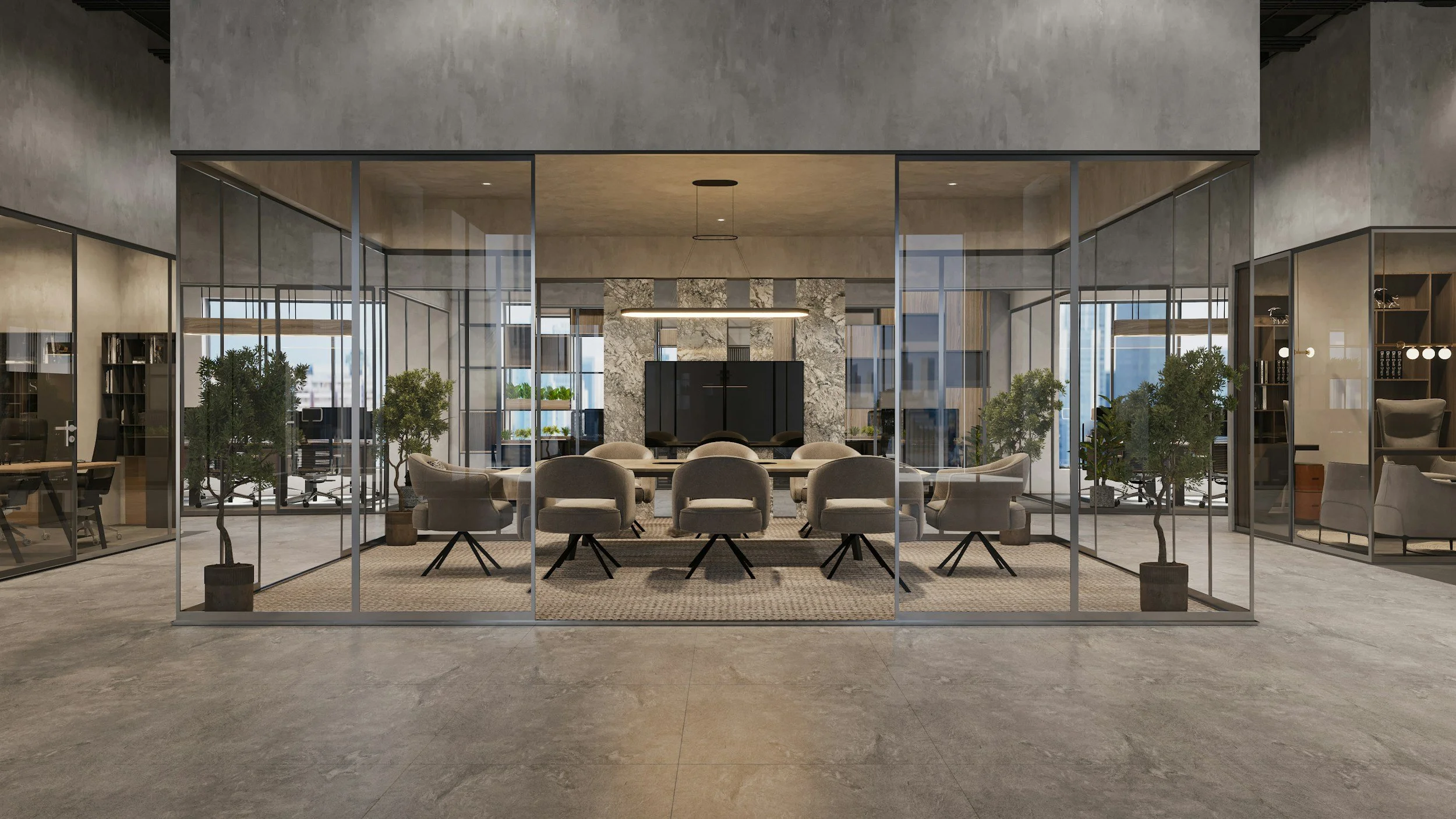 Modern office conference room with glass walls, a large table surrounded by chairs, and potted plants; in an urban high-rise building.