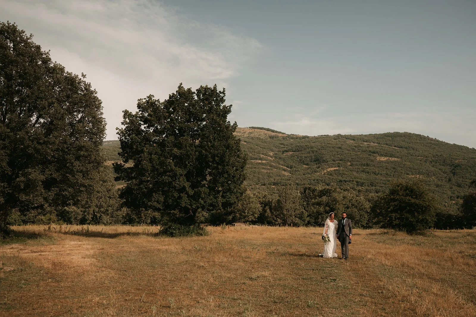 A bride and groom walking together in an open field with hills and trees in the background during sunset.