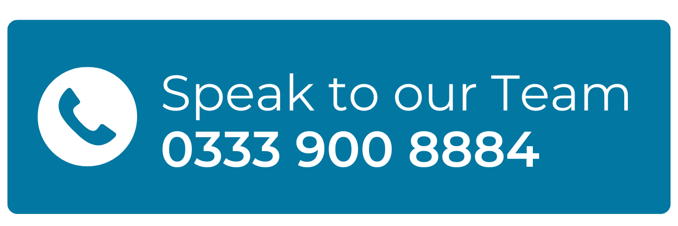 Blue rectangular button with a white phone icon and the text 'Speak to our Team 0333 900 8884'.