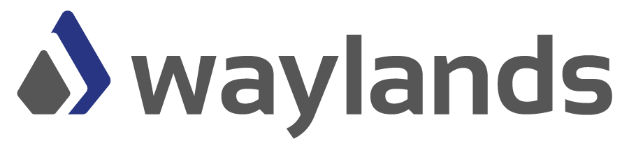 Waylands company logo with stylized diamond and arrow symbols in blue and gray, followed by the word "Waylands" in gray lowercase letters.