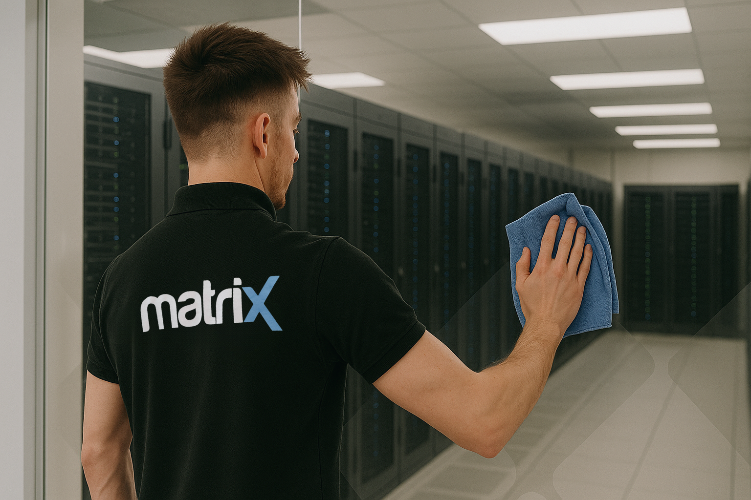 IT technician cleaning a glass panel in a server room, wearing a black polo shirt with the logo 'matrix' on the back.