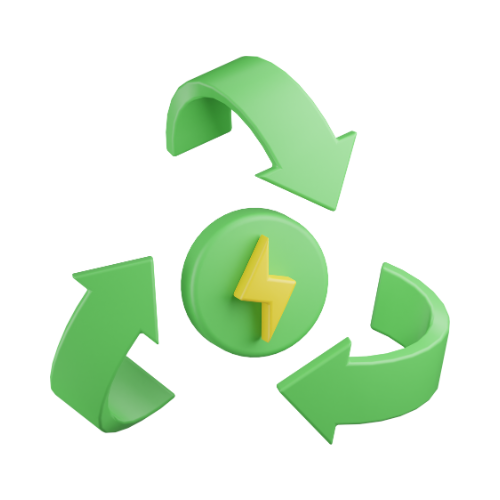Green recycling symbol with a yellow lightning bolt in the center.
