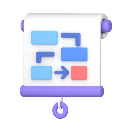 Icon of a flowchart or process diagram on a scroll with a purple hook at the bottom.