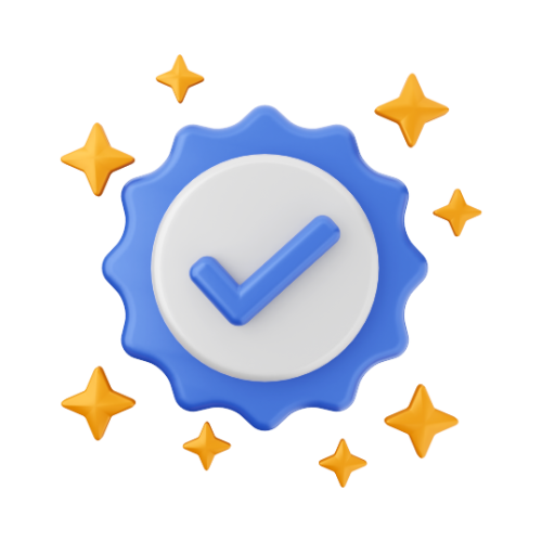 A badge with a blue border and a check mark in the center, surrounded by small gold stars.