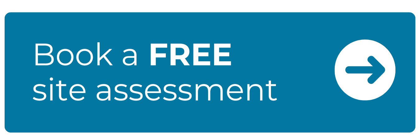 Blue button with white text saying 'Book a FREE site assessment' and a white arrow pointing right.