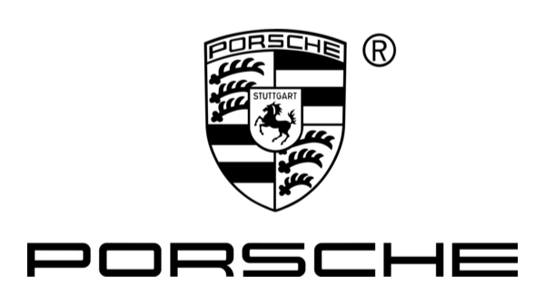 Porsche logo featuring a shield with black and white stripes, a horse in the center, and the word 'STUTTGART' above the horse.