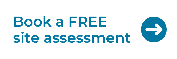 White banner with blue text that says 'Book a FREE site assessment' and a blue arrow icon.