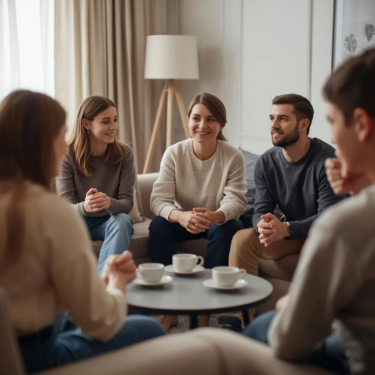 Parent support network meeting in a calm home environment focused on addiction prevention, emotional regulation, and resilience strategies.