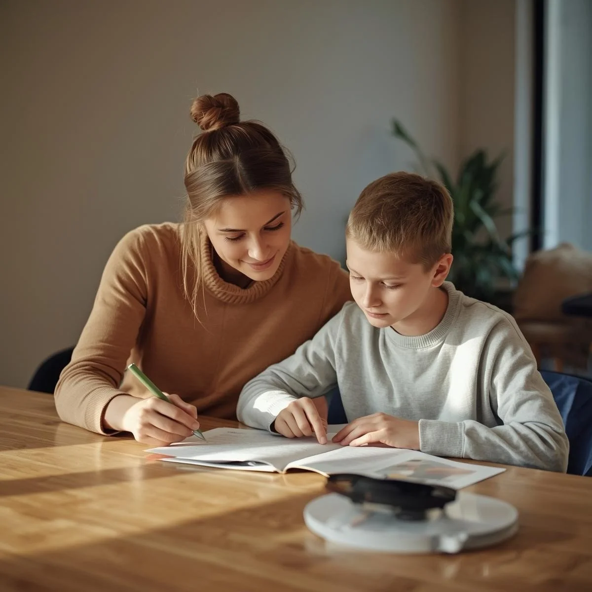 Parent helping child with schoolwork in a calm home setting, representing dopamine education, early intervention, and family resilience building.