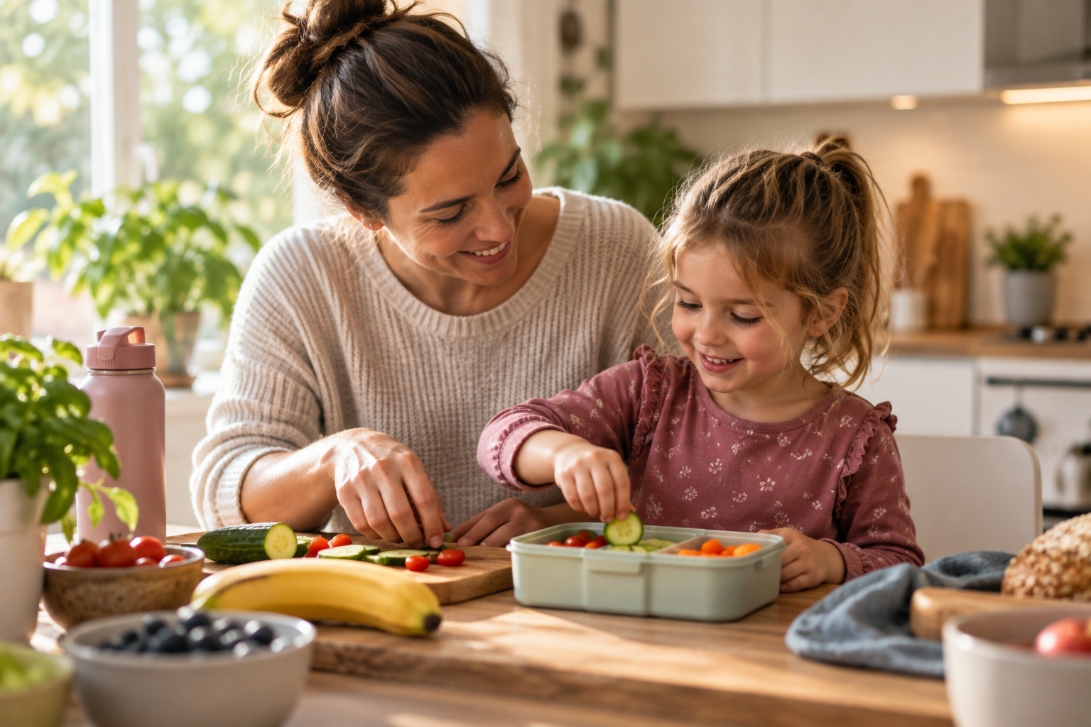 A woman and a young girl preparing vegetables together in a bright kitchen, smiling and enjoying the activity.
