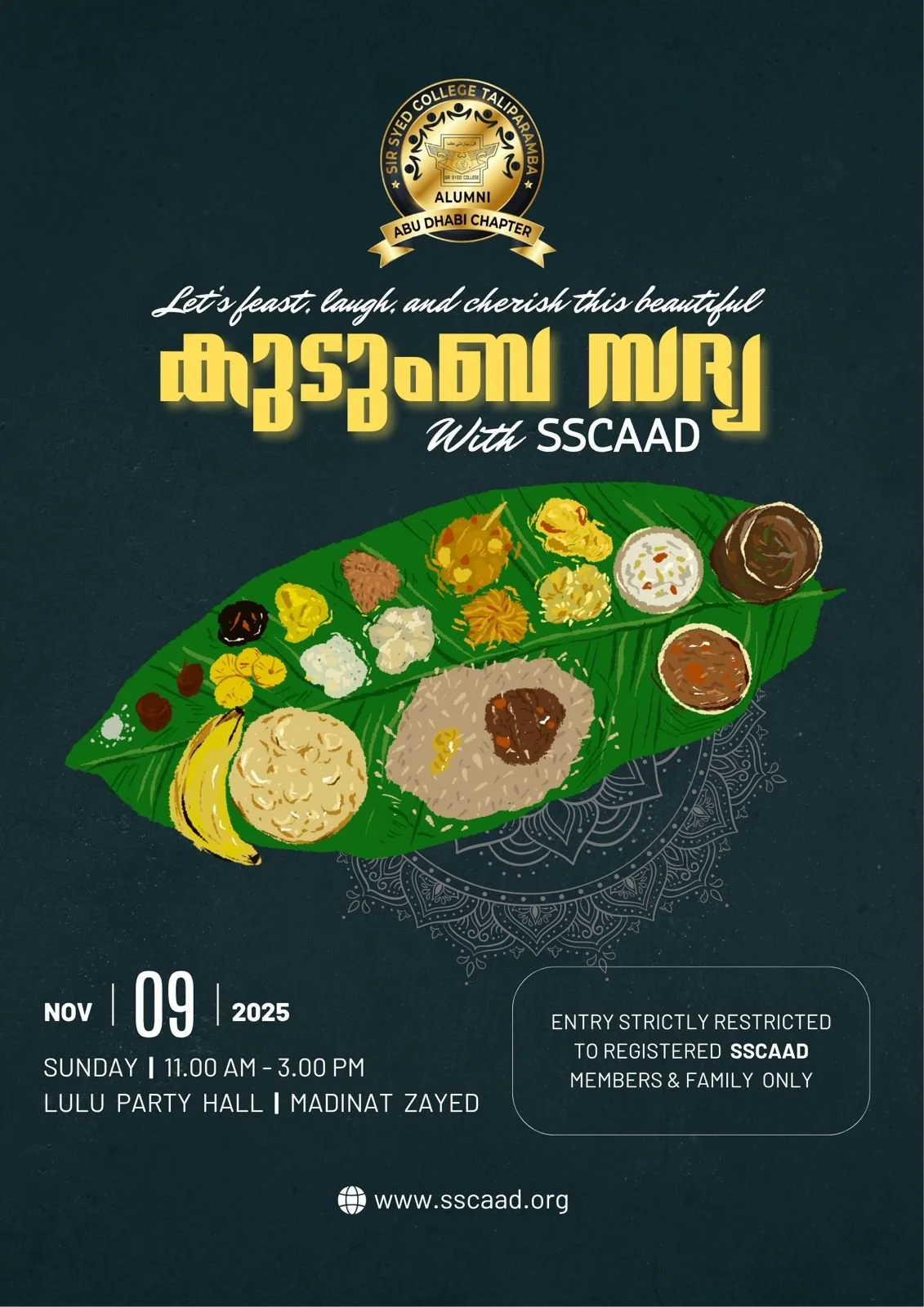 SSCAAD -  കുടുംബ സദ്യ - 09 NOV 2025- SUNDAY - 11.00 AM -03.00 PM @ Lulu Party Hall - Madinat Zayed Shopping Centre  - ABU DHABI
