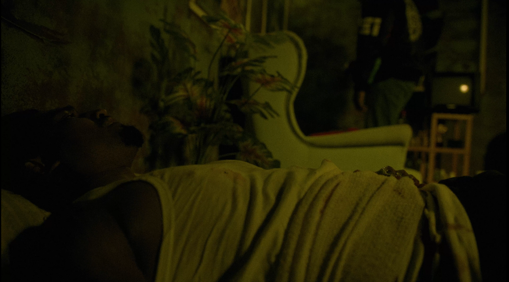Dimly lit room with a person lying on a couch watching TV, a potted plant on a low table, and another person sitting on the couch facing the TV.