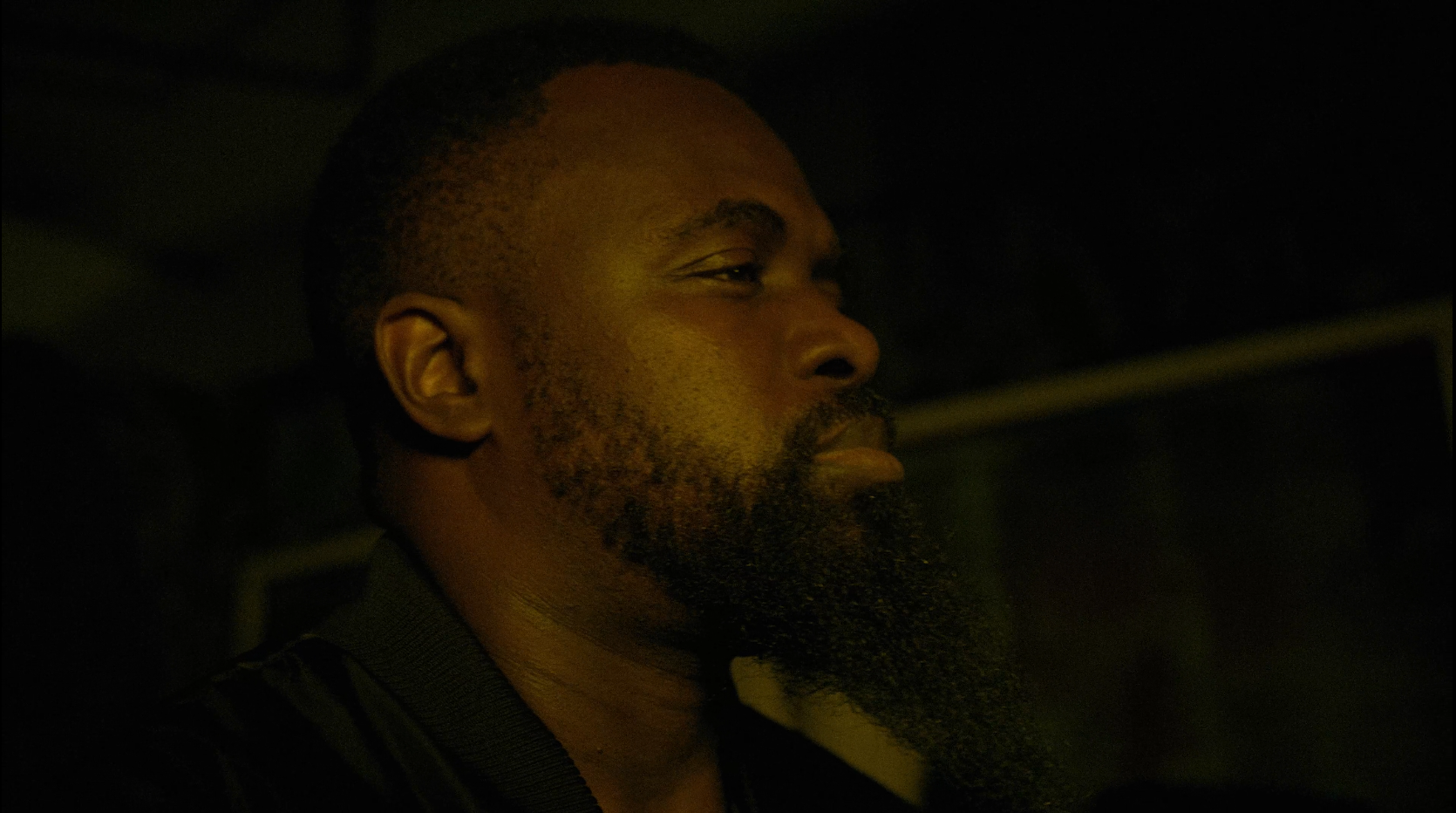 Profile of a man with a beard and short hair, wearing dark clothing, with a dark background.