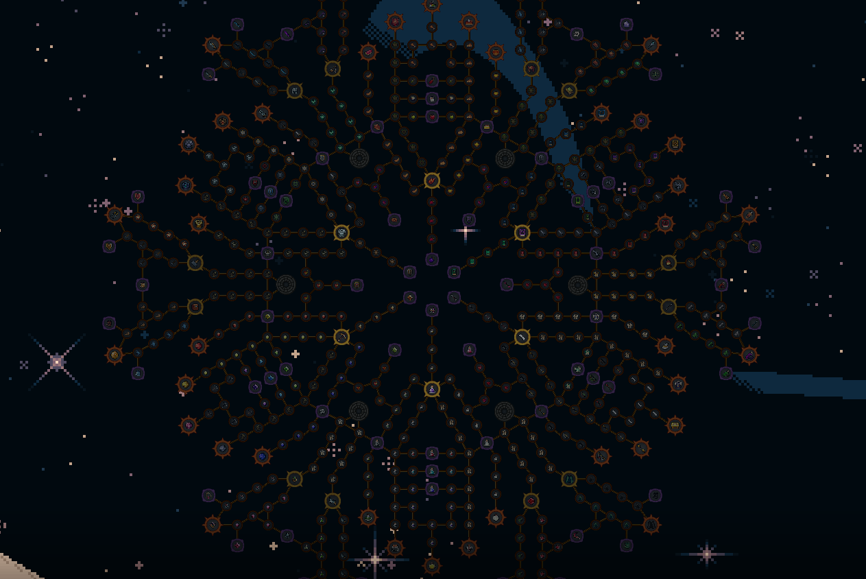 A detailed digital star map with interconnected nodes and symbols representing celestial objects or concepts, set against a dark background with scattered stars and cosmic elements.