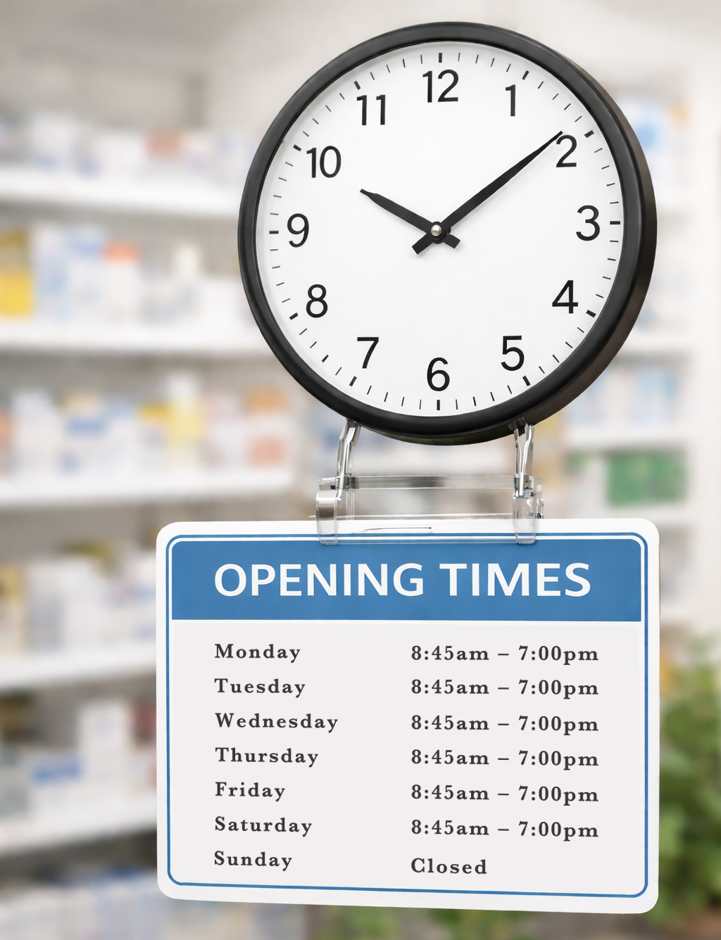 Clock in pharmacy representing changes to core and supplementary opening hours
