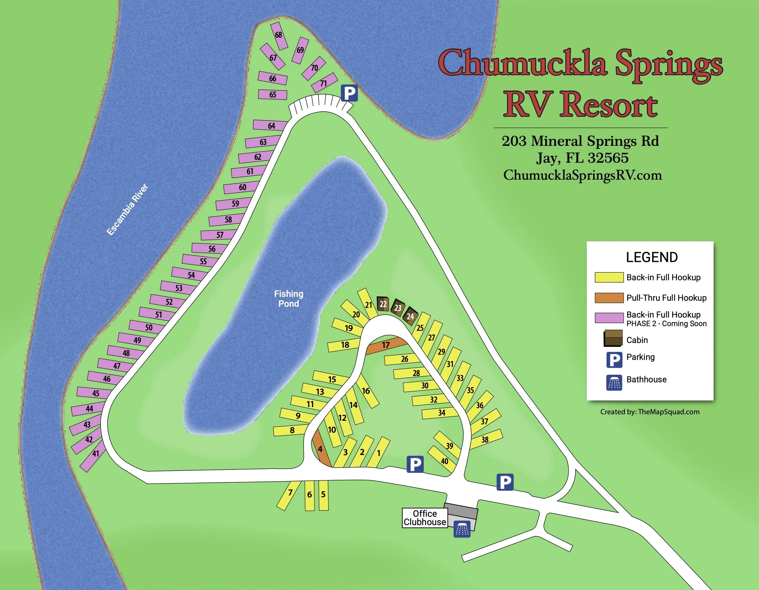 Map of Chumuckla Springs RV Resort showing parking areas, cabins, fishing pond, and hookups along the Escambia River, with site numbers and key for full hookup options.