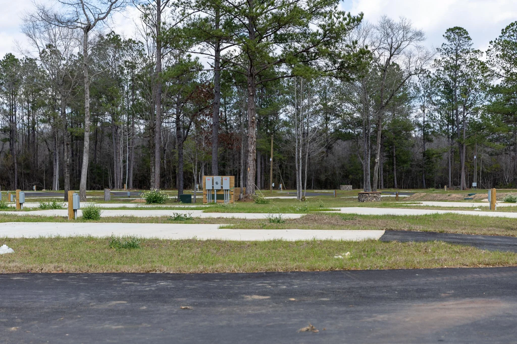 RV campsite surrounded by trees in a quiet campground near Pensacola, Florida