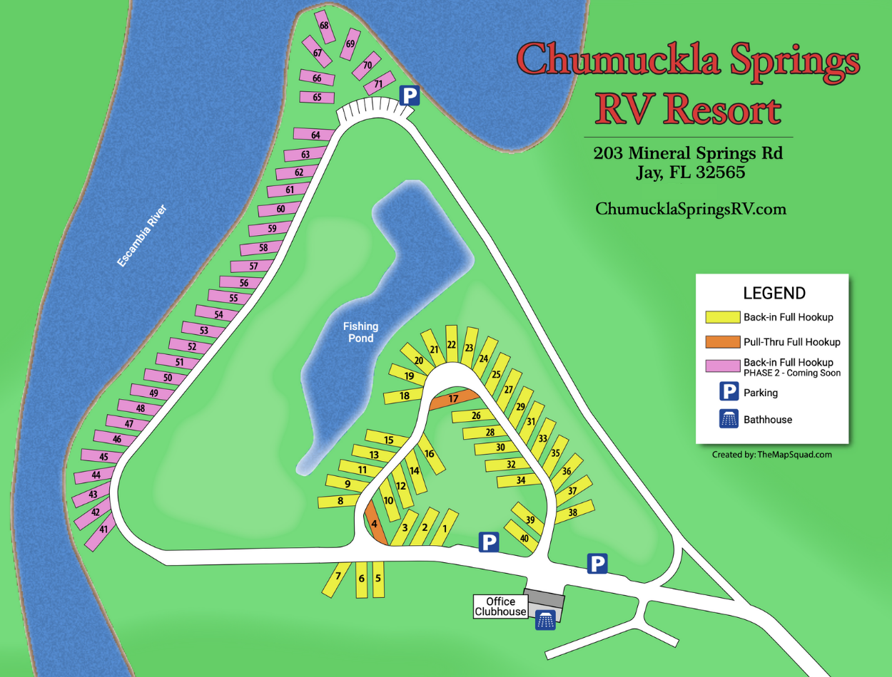 Map of Chumuckla Springs RV Resort showing numbered campsites, fishing pond, parking areas, bathhouse, and office clubhouse, with color-coded sites for different hook-up types.