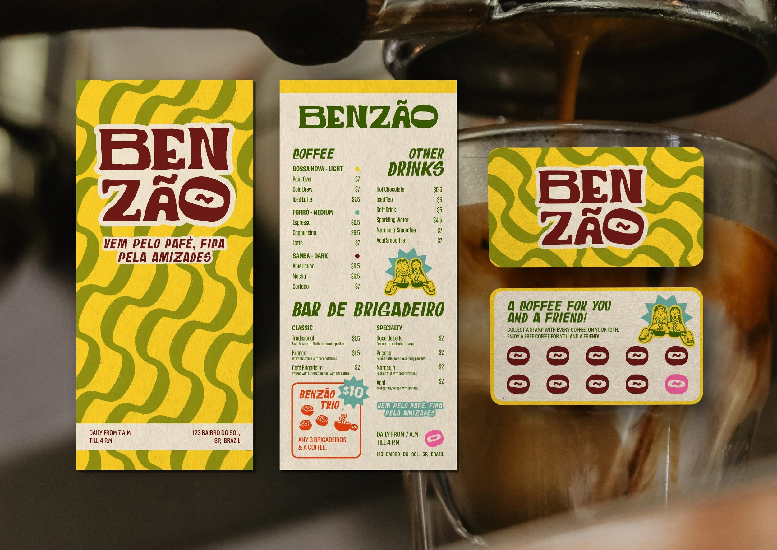 A set of colorful coffee shop menu cards and loyalty punch card. The menu features coffee drinks, other beverages, and Brazilian-style snacks, with prices listed in dollars. The punch card encourages customers to collect stamps for free coffee after