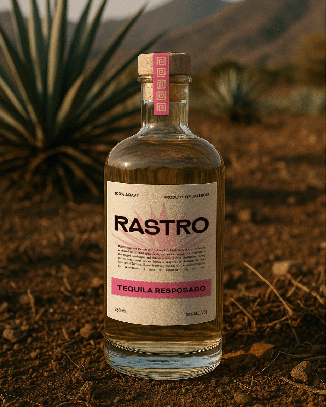 A bottle of tequila named Rastro, made from 100% agave in Jalisco, standing on dry desert ground with desert plants and mountains in the background.