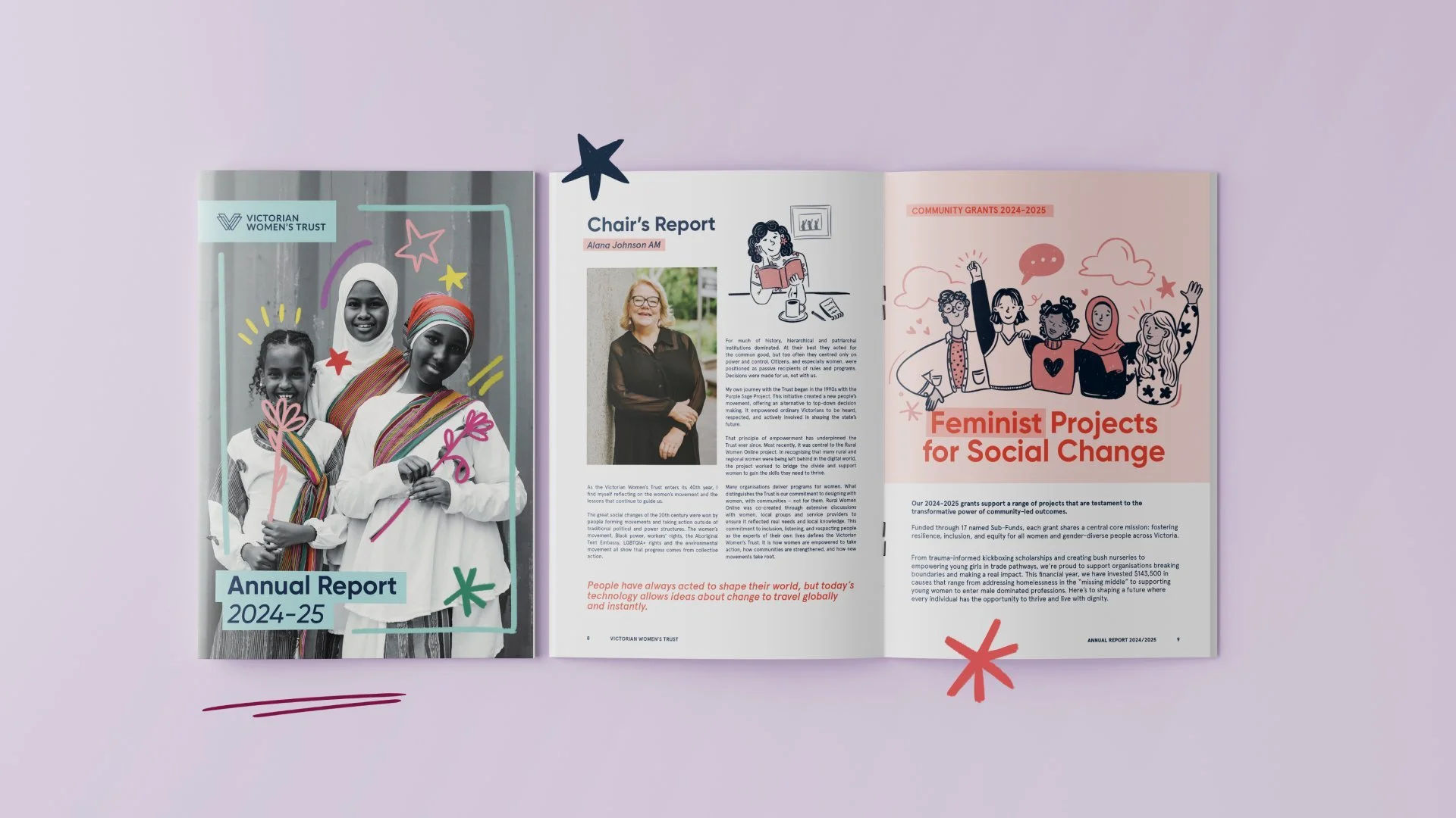 Open annual report for 2024-2025 from Victorian Women's Trust, featuring an image of three women of diverse ethnicities holding pink paper flowers, with colorful doodles and text about feminist projects for social change.