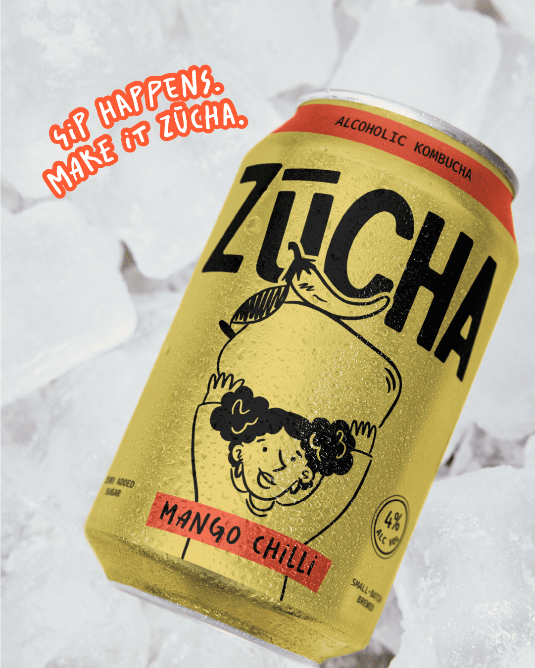 A yellow can of alcohlic kombucha labeled 'ZICHA' with an illustration of a girl holding a mango, with the flavor Mango Chilli, surrounded by ice cubes.
