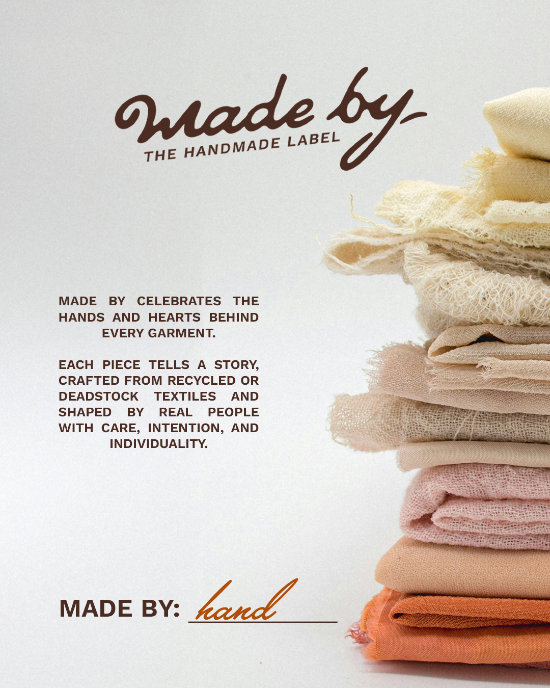 Stack of neatly folded, neutral-colored fabrics with a text overlay about handmade garments.