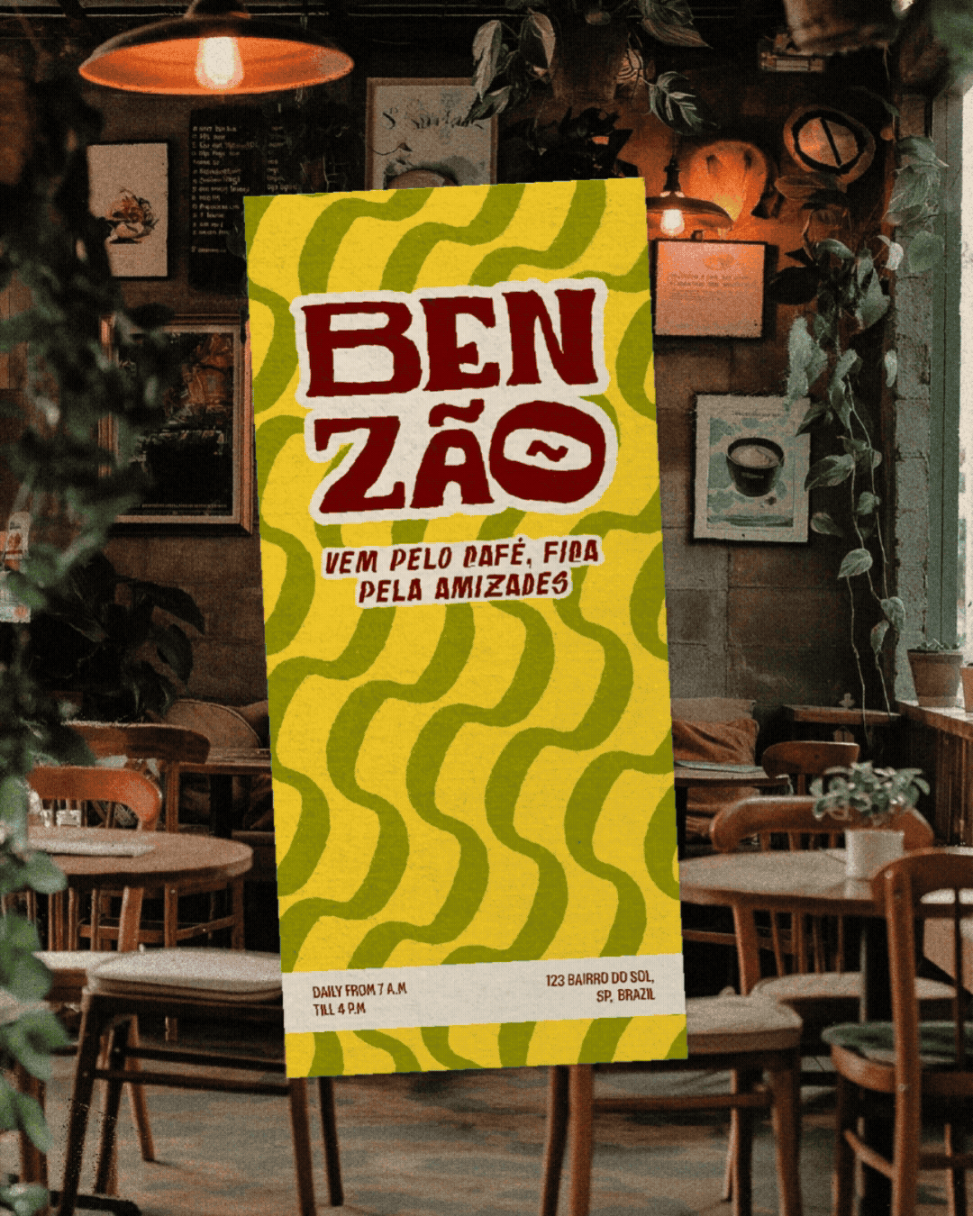 A sign in a cozy cafe with wooden furniture and plants, advertising Ben Záo, a place serving coffee and board games for friends, open daily from 7 a.m. to 4 p.m., located at 123 Bairro do Sol, SP, Brazil.
