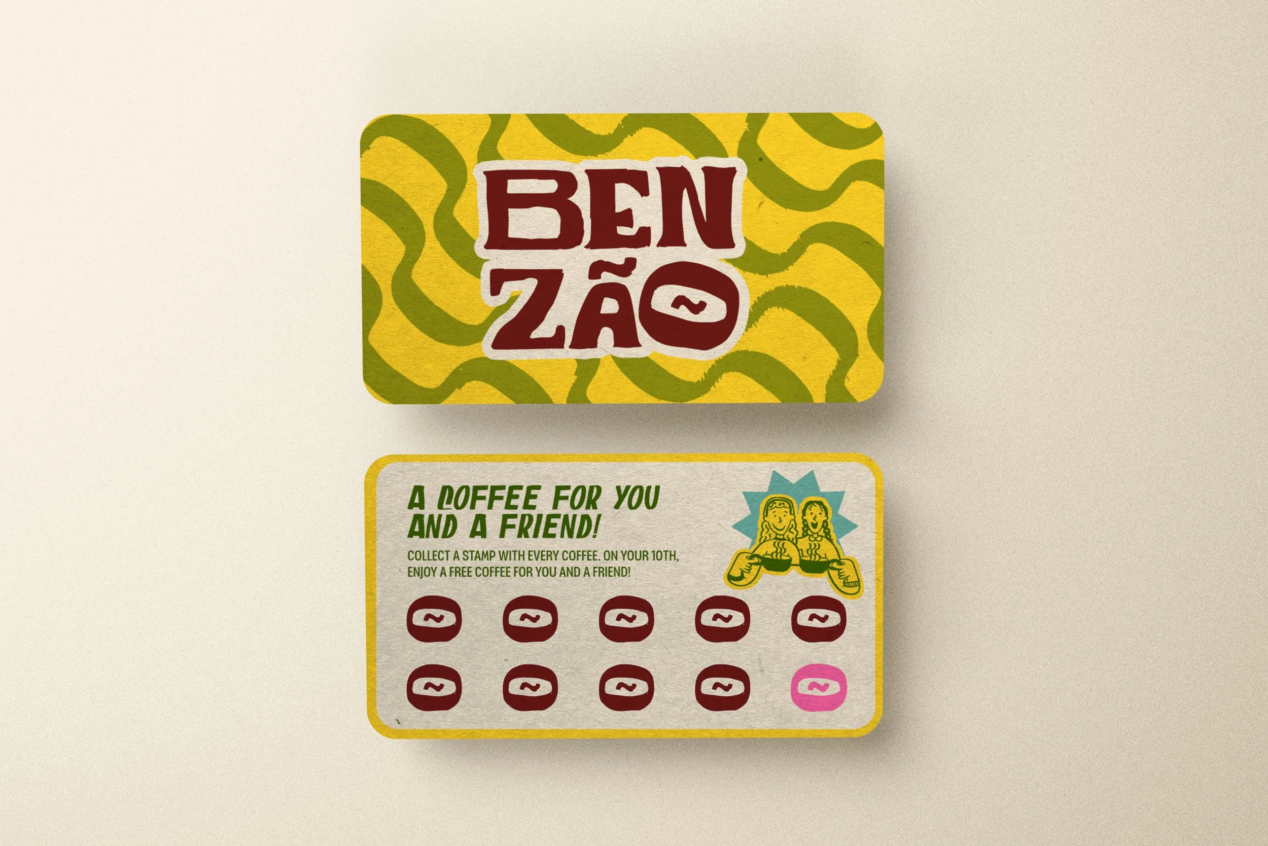 A Ben Zao coffee punch card featuring a colorful design with the brand name on the top and a promotion for collecting stamps for free coffee on the bottom. The card has multiple spaces for stamps, with most filled and one pink stamp remaining.