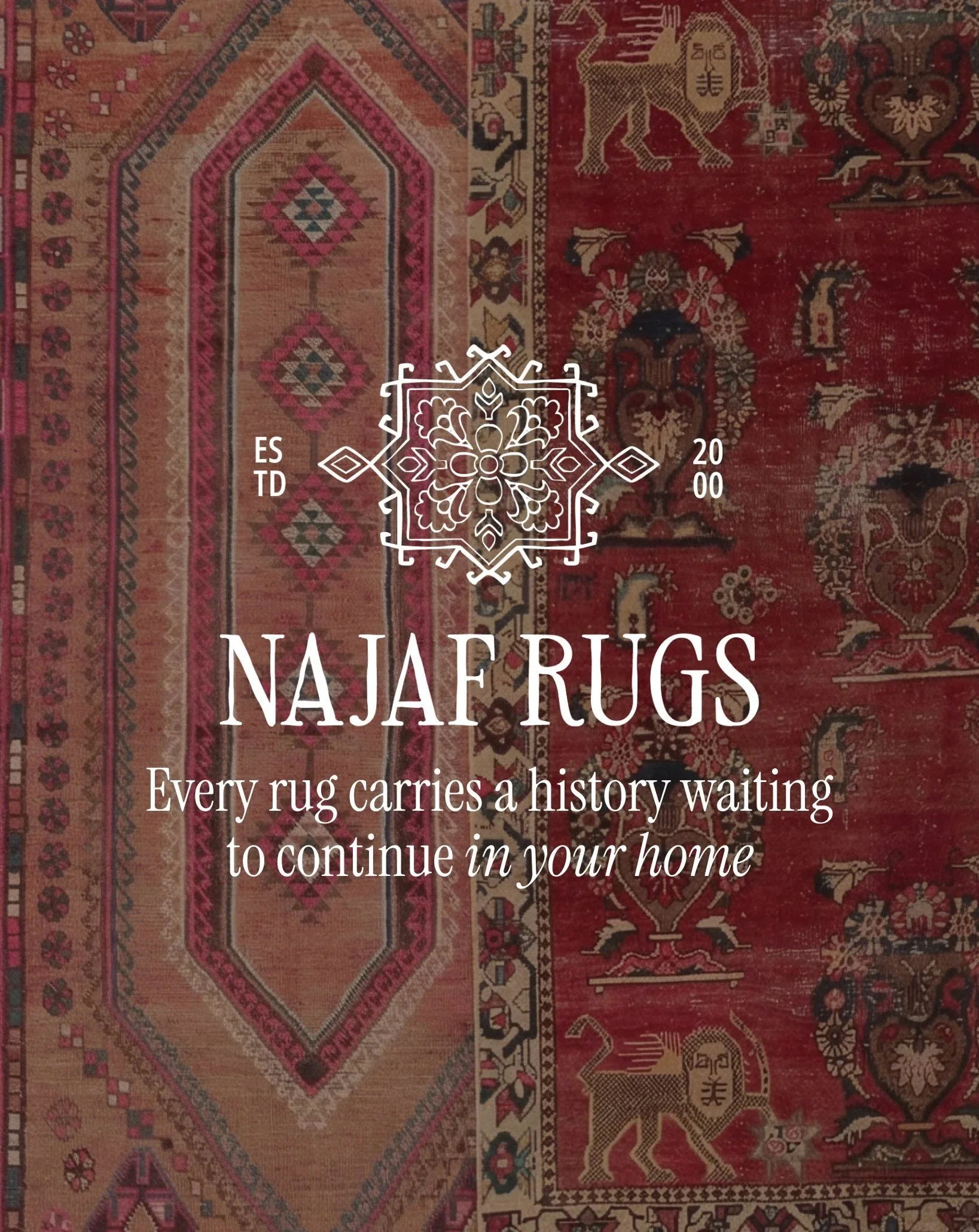 Close-up of traditional Persian rugs with intricate geometric and floral patterns in shades of red, beige, and dark blue, overlaid with a white graphic logo involving a floral motif and text.