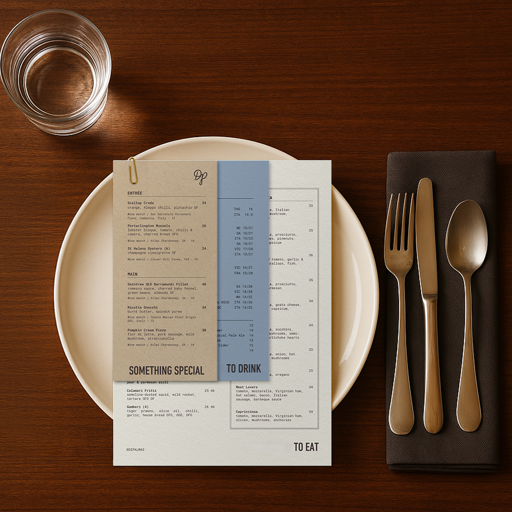 A dinner setting with a white plate, a black cloth napkin with three silverware (fork, knife, spoon), and a transparent glass of water on a wooden table, with a restaurant menu placed on the plate.