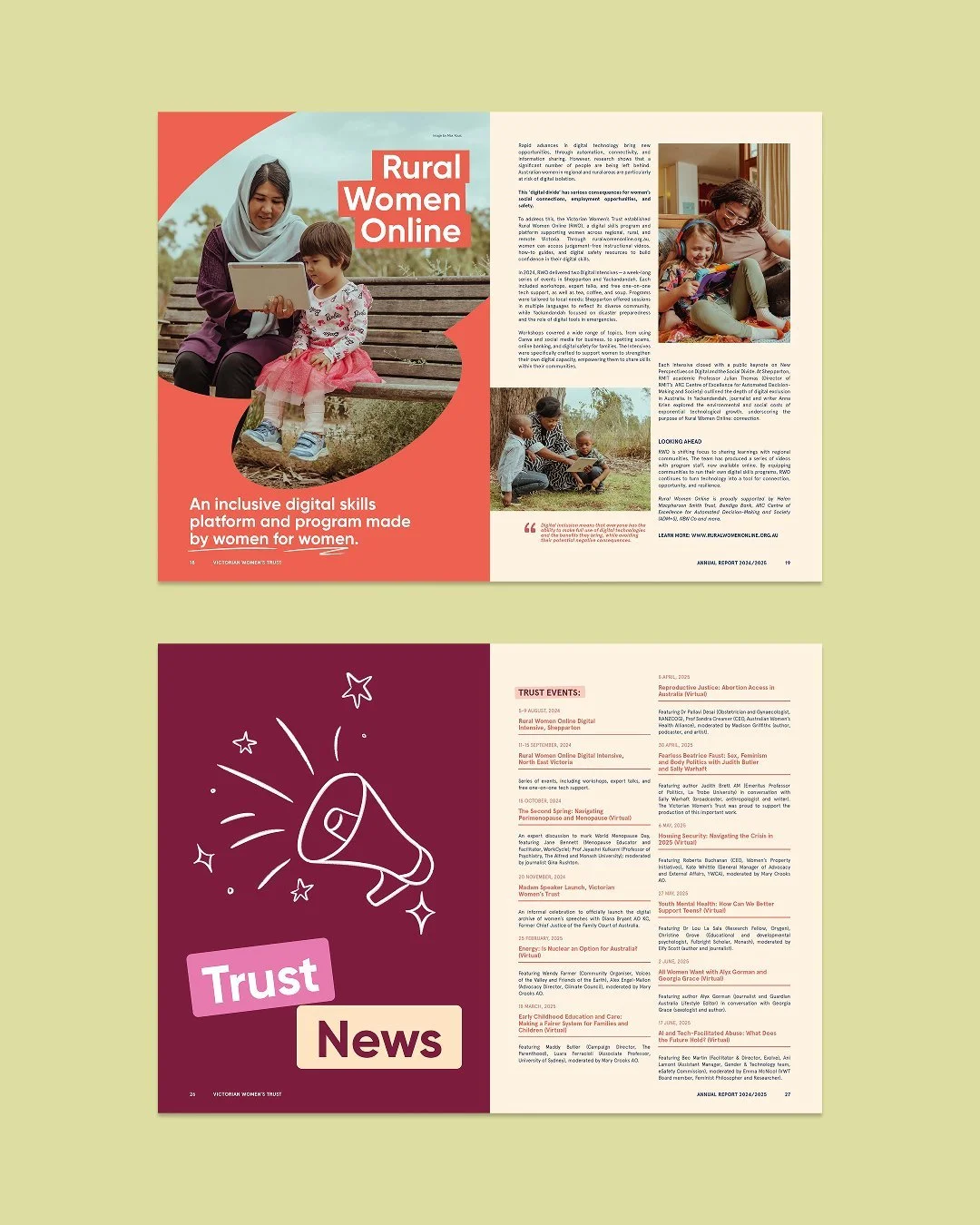 Two-page magazine spread: The left page features an image of a woman in a hijab sitting on a bench with a young girl, both looking at a tablet, with a headline 'Rural Women Online' and a subheading about digital skills for women. The right page conta