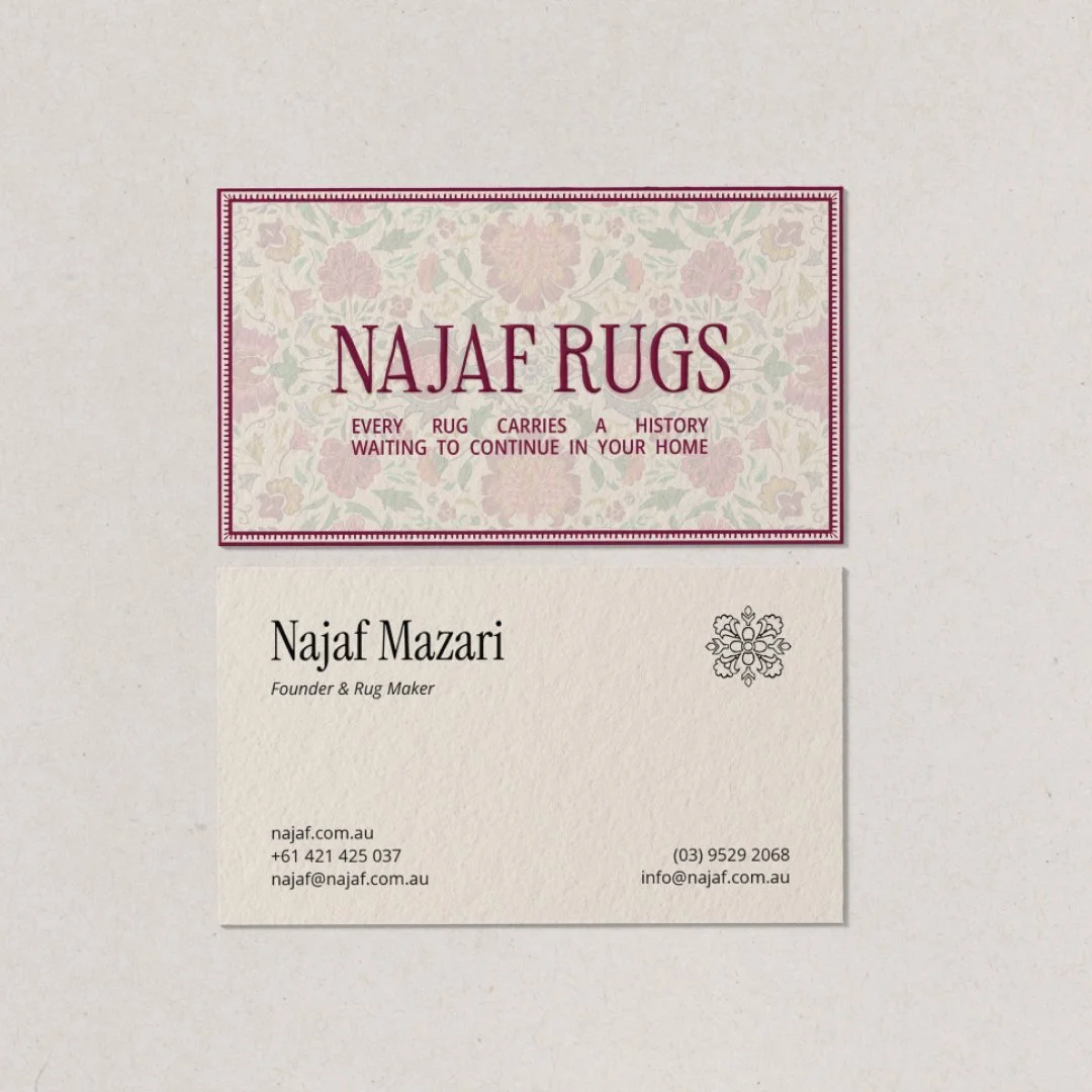 Business card for Najaf Rugs with contact information and logo