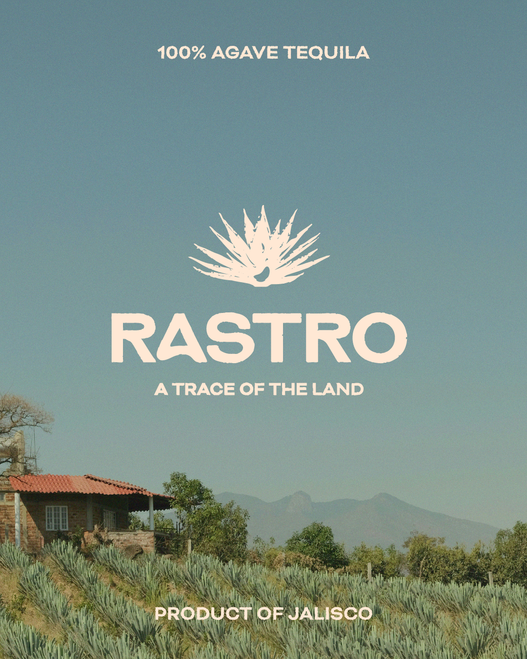 Label for Rastro tequila with agave plant illustration and a landscape of agave fields and mountains in the background.