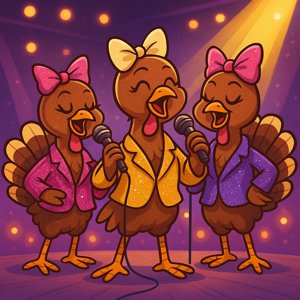 Three animated turkeys singing with microphones on a stage, dressed in colorful jackets with bows, under stage lights.