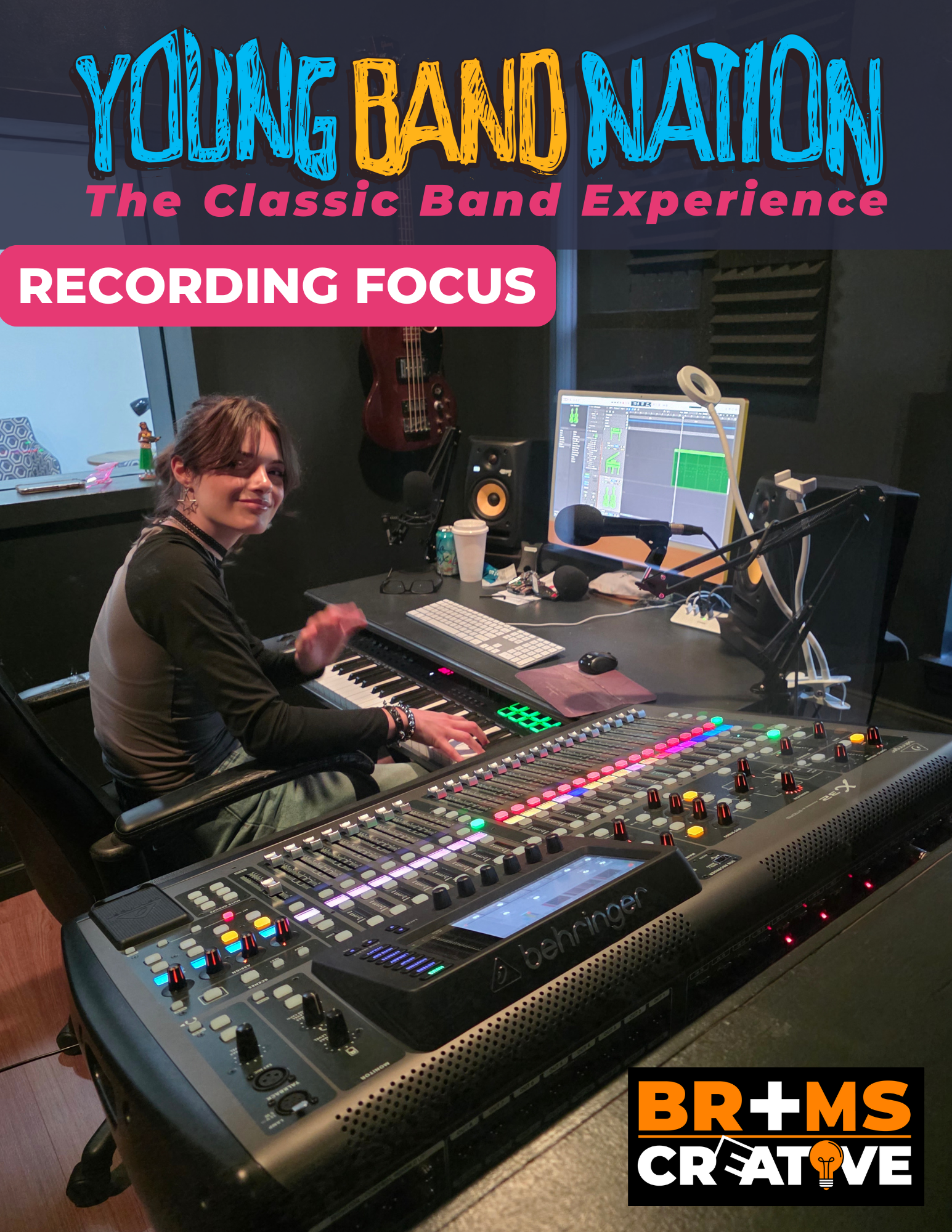 A teenager sitting at a professional audio mixing console in a recording studio for "Young Band Nation: Recording Focus."