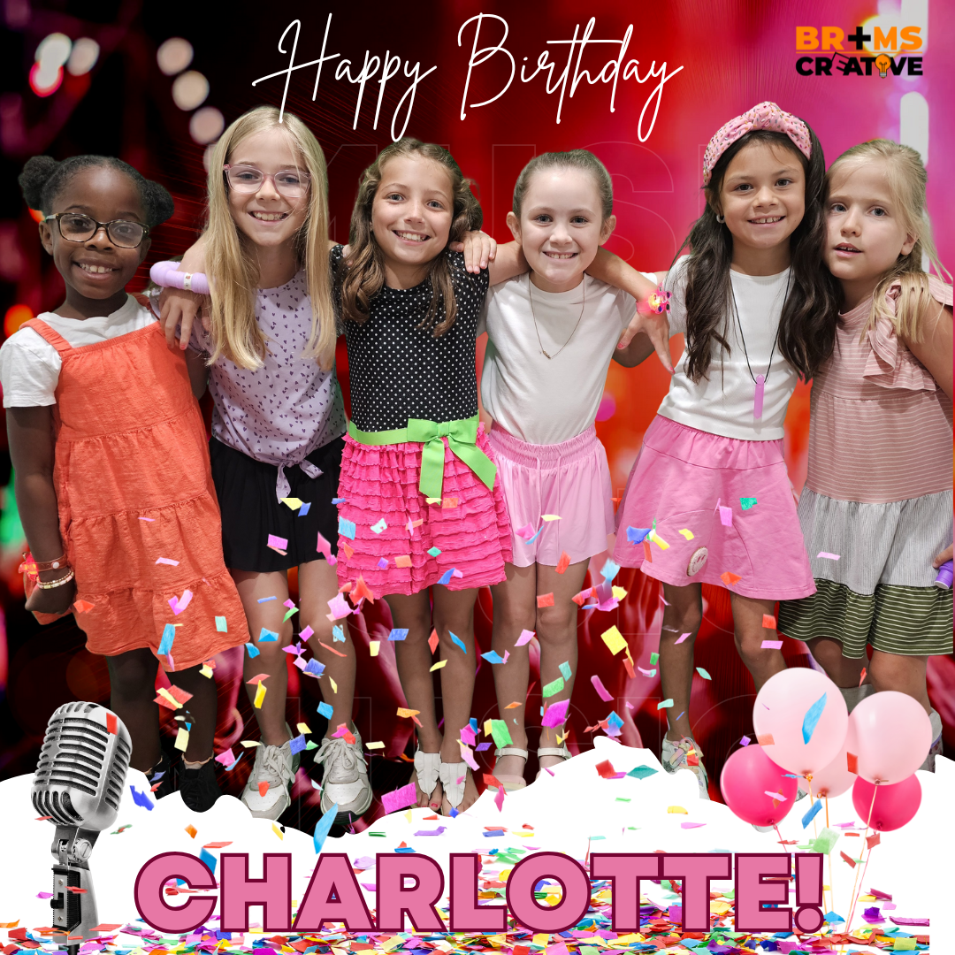 Group of seven young girls celebrating a birthday, surrounded by colorful confetti and balloons, with a vibrant red and pink background and the words 'Happy Birthday' at the top and 'Charlotte!' at the bottom.