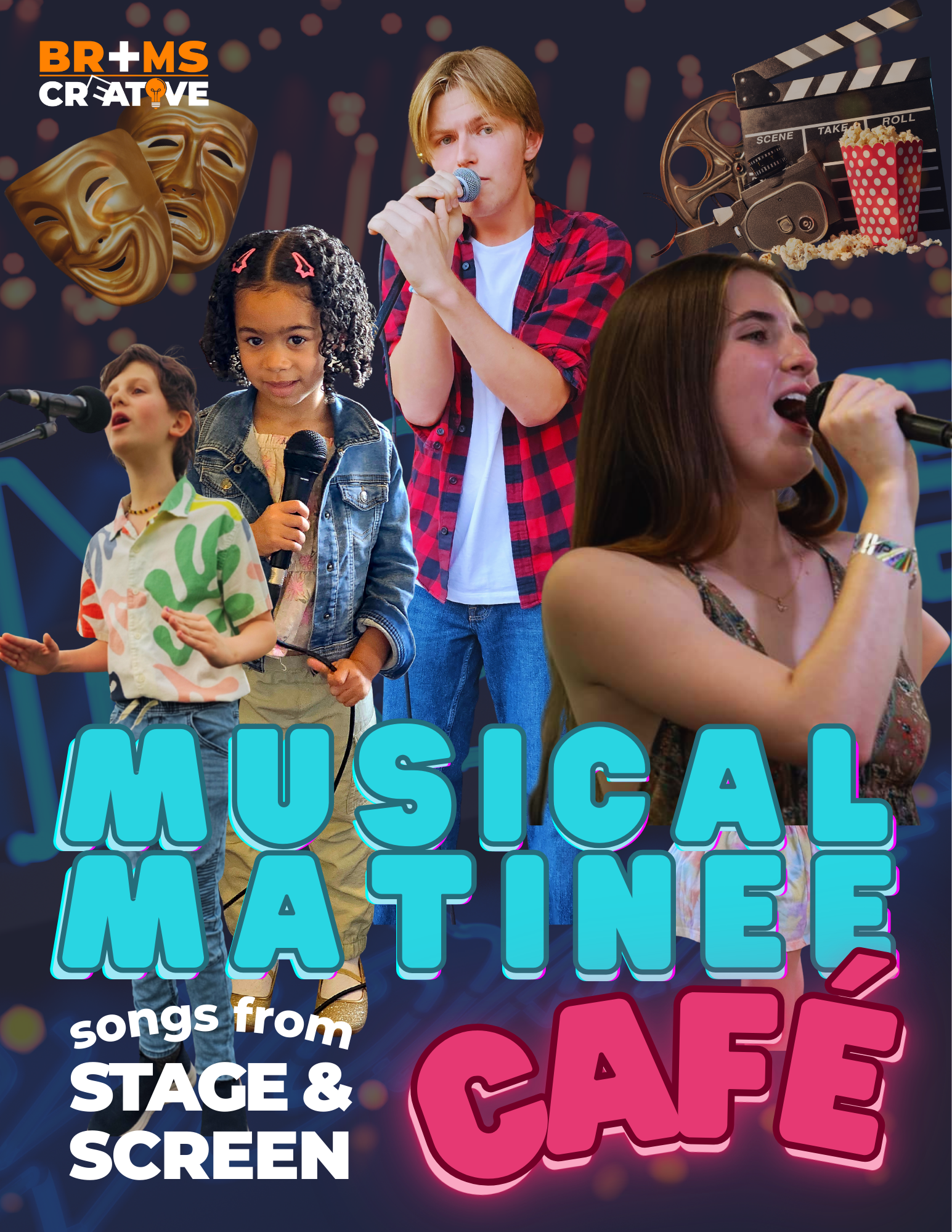 A collage of children and teens singing into microphones surrounded by theater and film icons for "Musical Matinee Café: Songs from Stage & Screen."