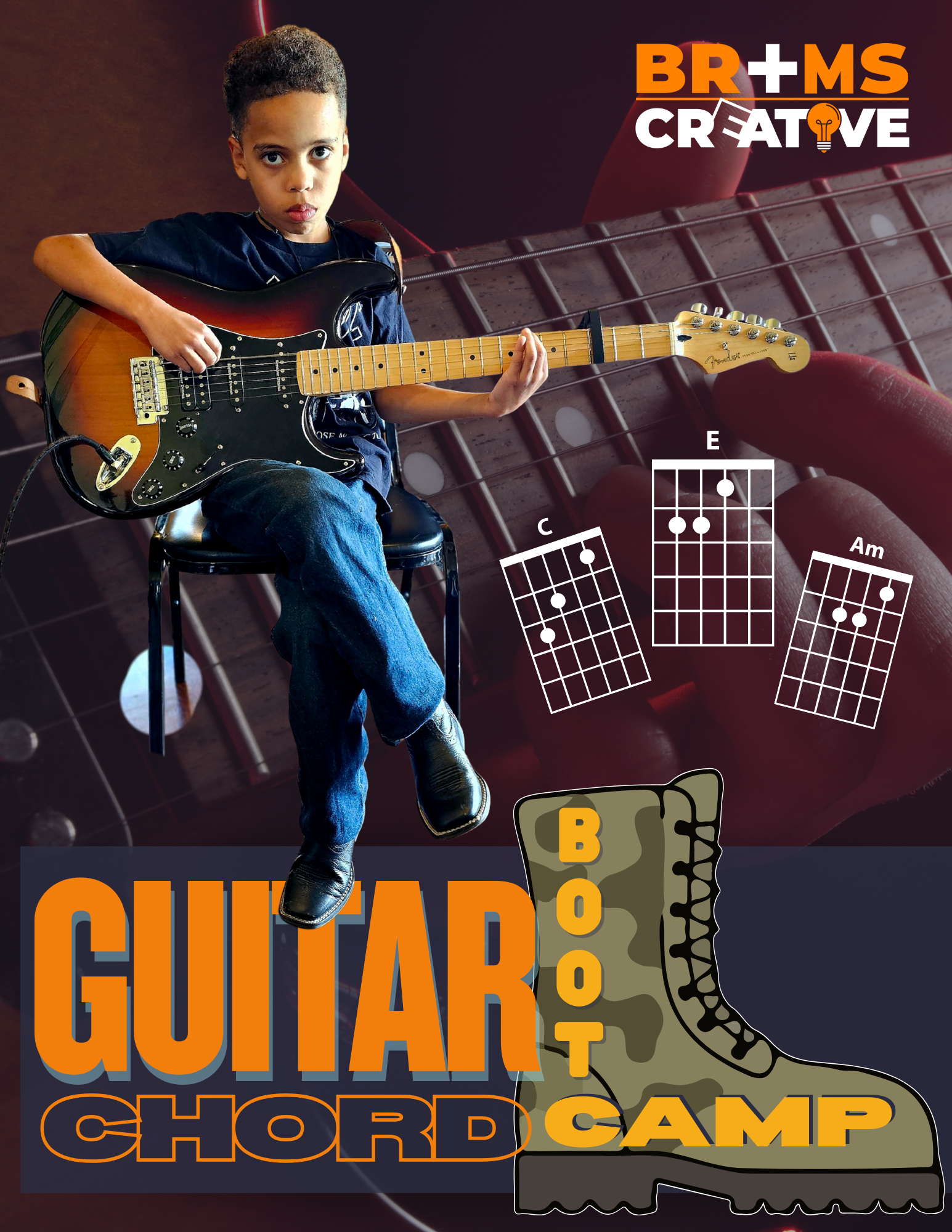 A young boy holding an electric guitar next to chord diagrams and a camouflage boot illustration for "Guitar Chord Boot Camp."