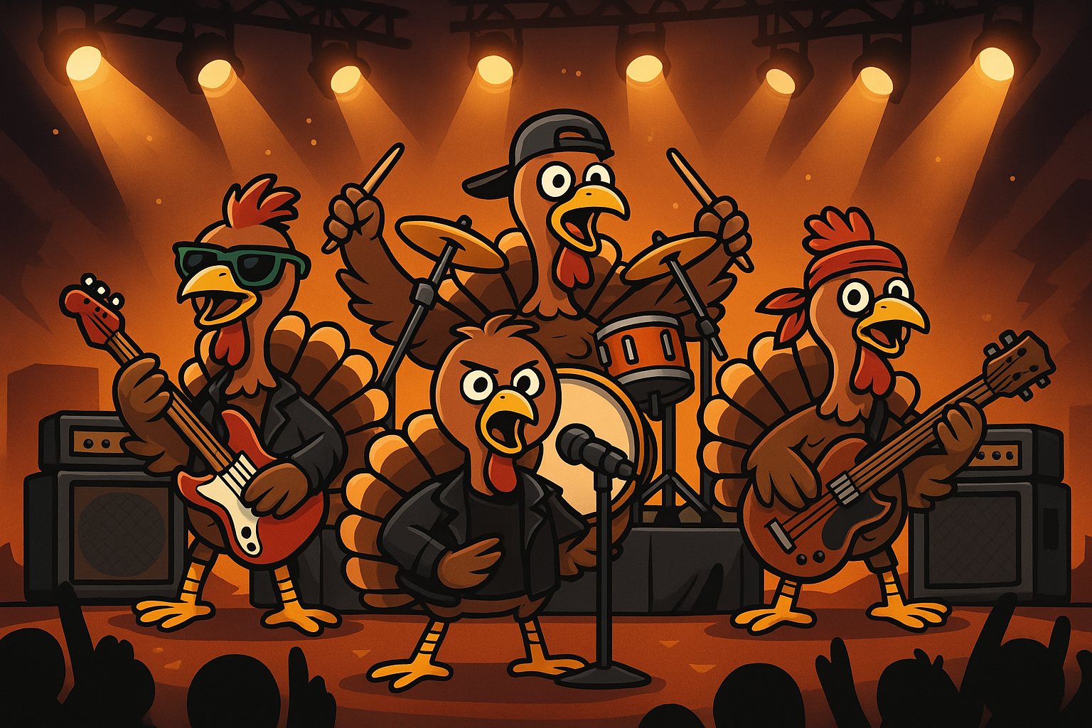 Animated cartoon turkeys performing on stage as a band, with two turkeys wearing sunglasses, one singing into a microphone, and the others playing guitars. Stage lights and audience silhouettes are also visible.