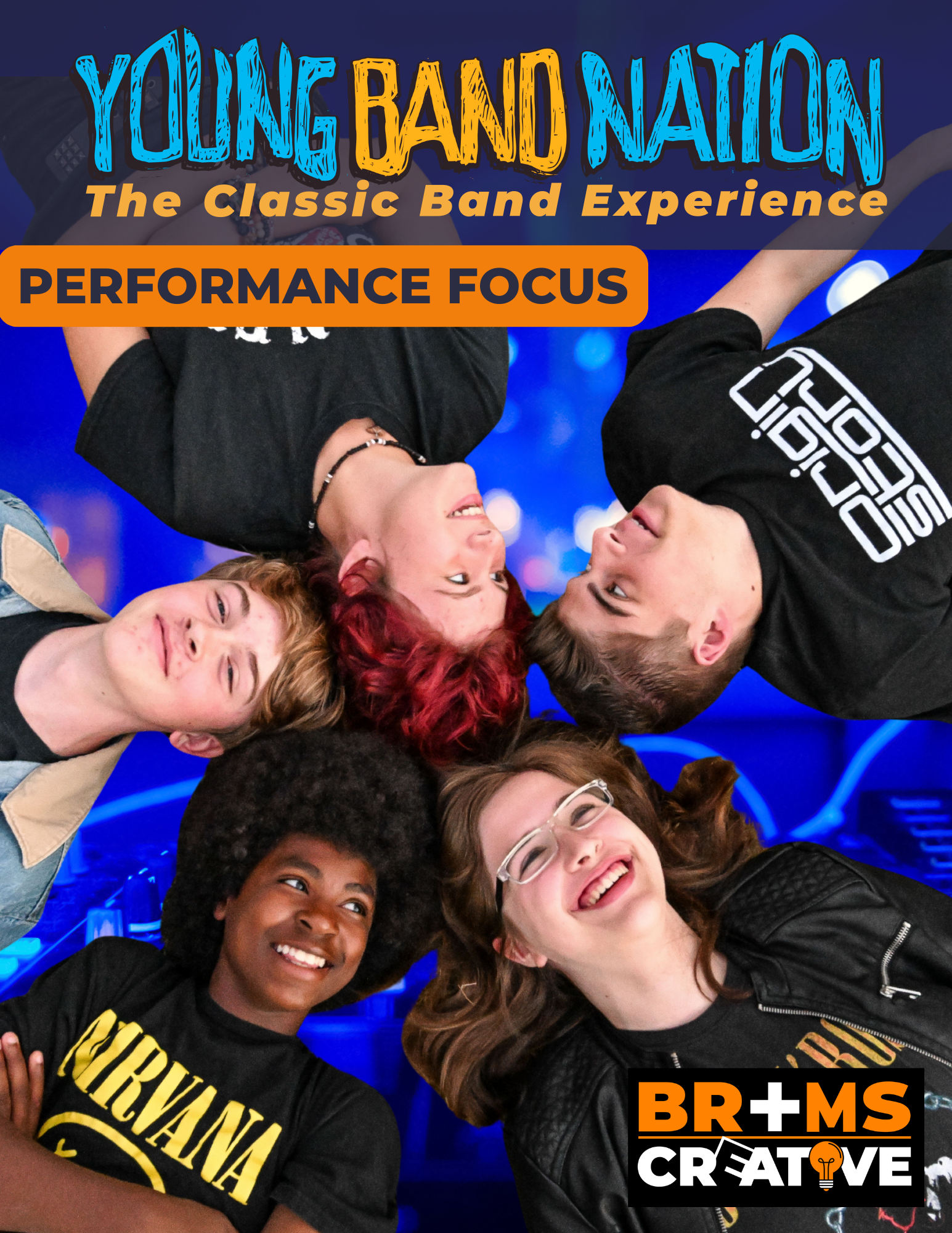 A band photo of five smiling teenagers lying in a circle with their heads touching for "Young Band Nation: Performance Focus."