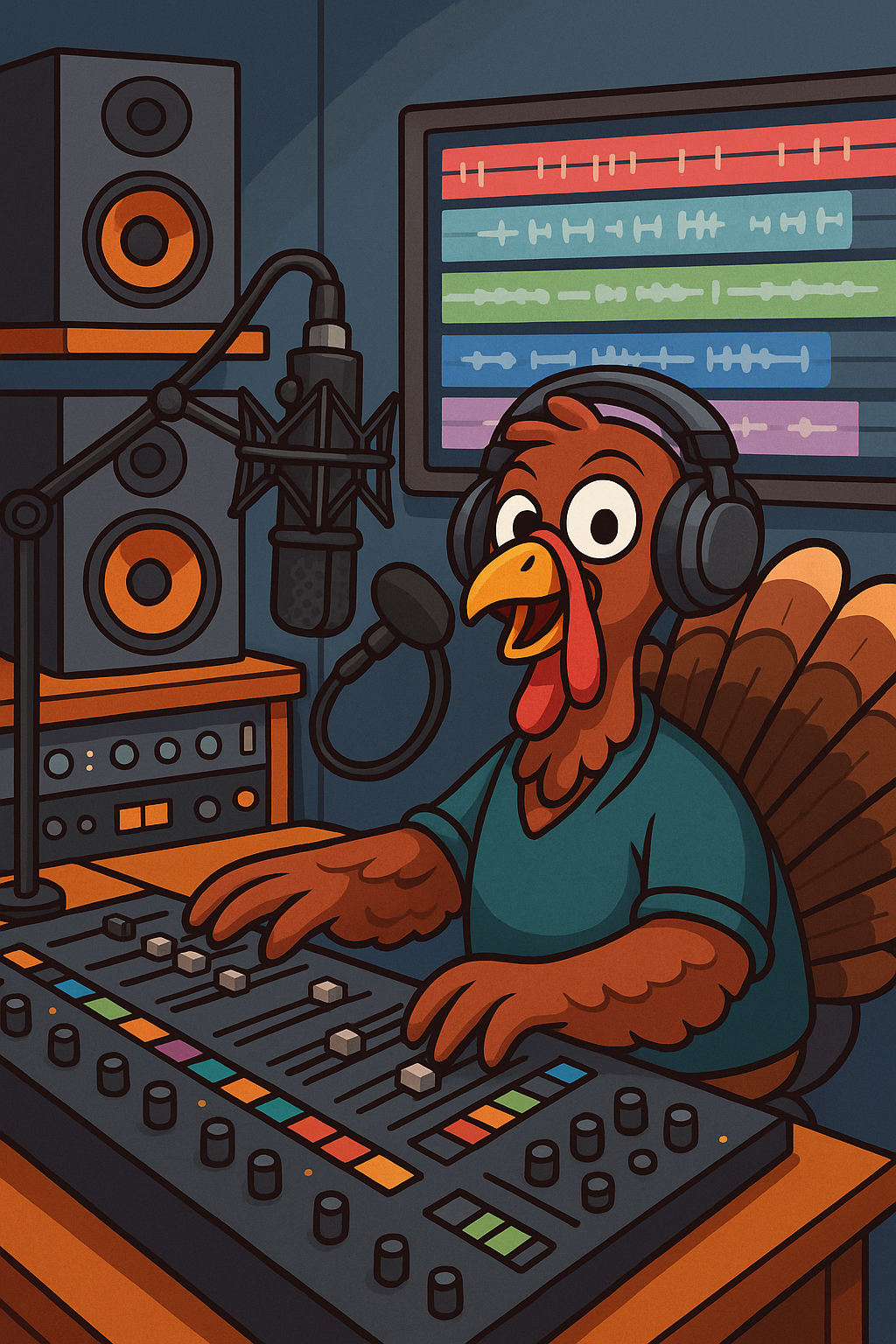 Cartoon turkey in a recording studio with headphones, singing or speaking into a microphone, using a sound mixing console, with audio equipment and colorful sound wave displays on a screen.