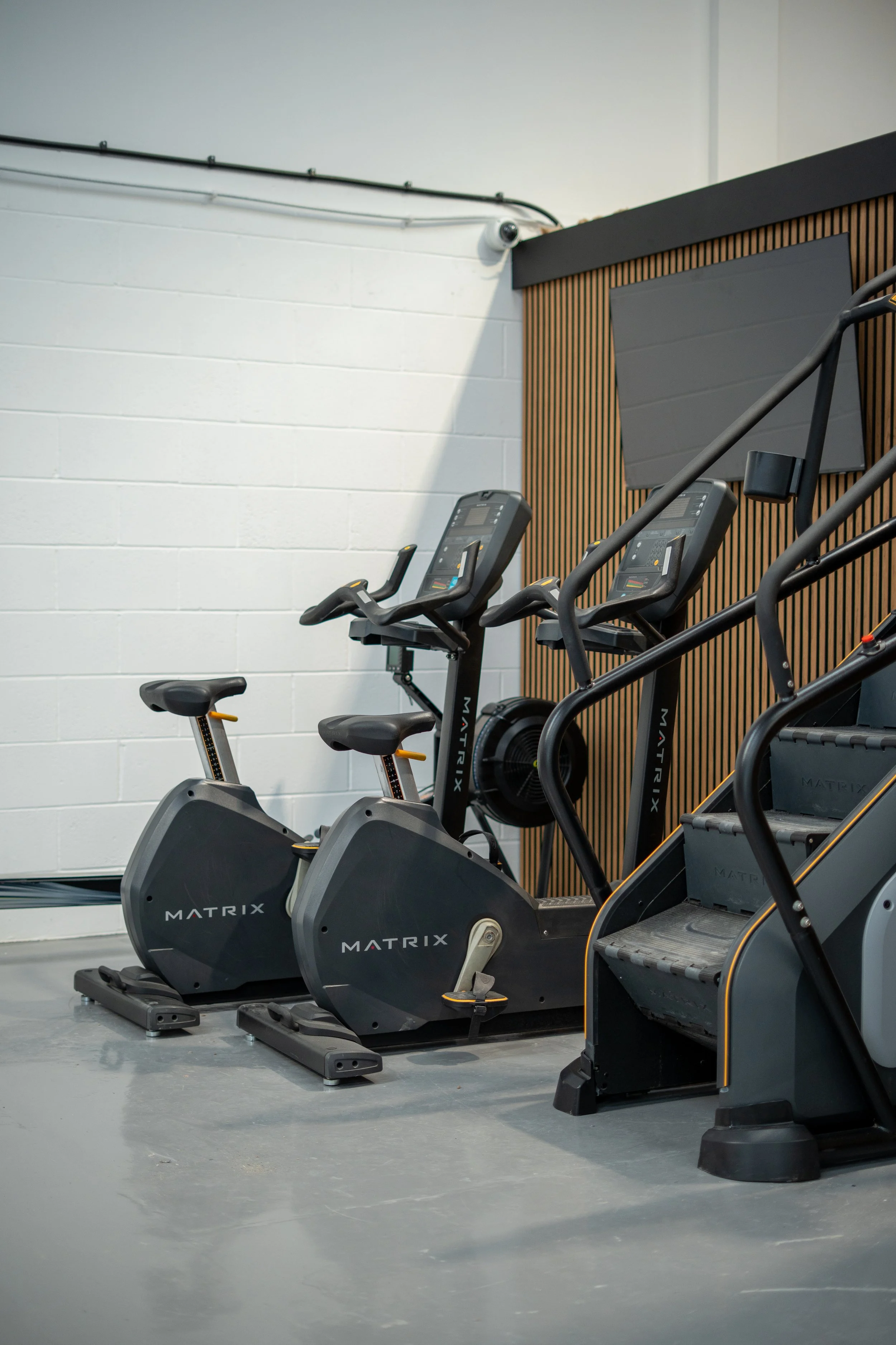Indoor gym with two Matrix brand elliptical trainers positioned side by side, a small exercise bike in front, and a large flat-screen TV mounted on the wooden-paneled wall.