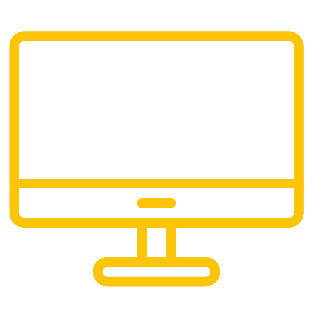 Yellow outline icon of a computer monitor with a stand.