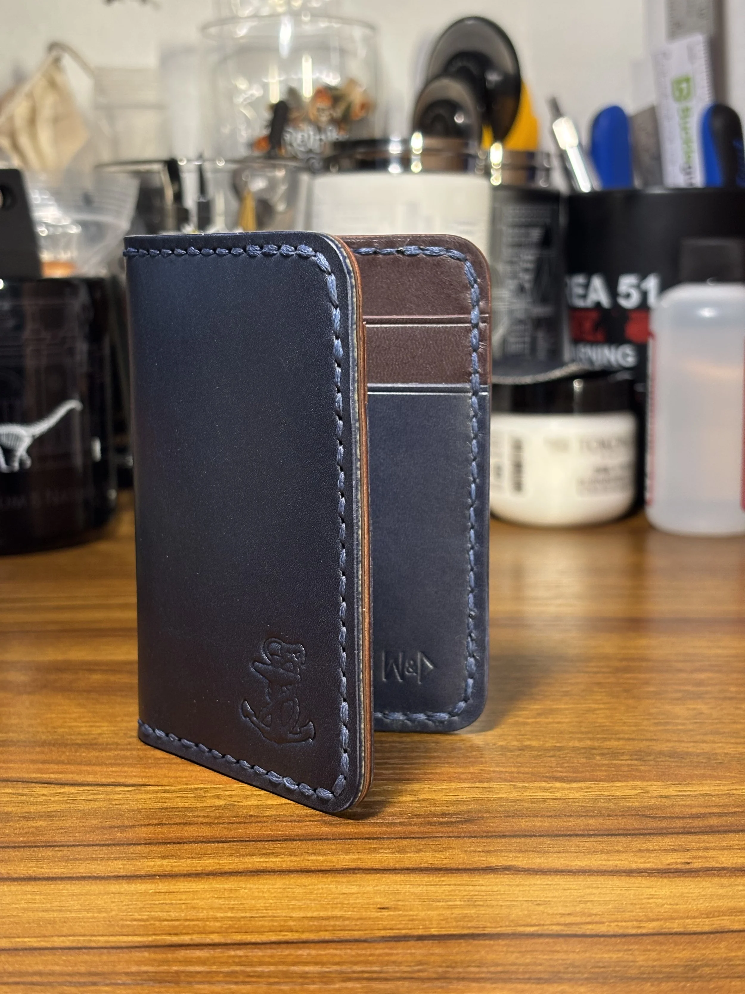 The Kraken Bifold Wallet | Handmade Leather Bifold | Wickett and Craig English Bridle | Navy Blue & Brown Leather Wallet | Made in USA