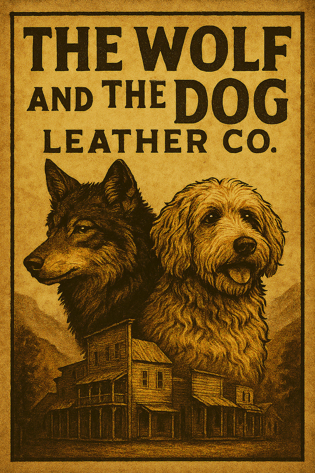 Vintage-style poster for The Wolf and The Dog Leather Co. featuring illustrations of a wolf, a dog, and frontier buildings.