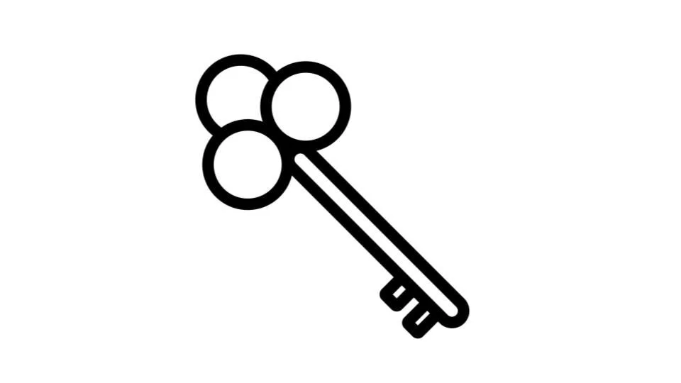 A black and white line drawing of a key with three circular elements at the top, resembling a keychain or a decorative key.